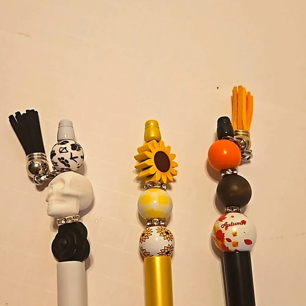 Hand Crafted beaded pens Set of 3 holiday motif handmade halloween fall floral
